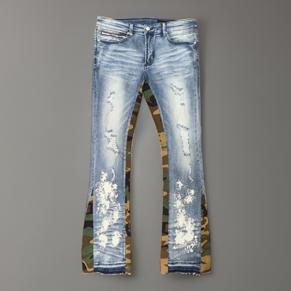Rockstar Original Jeans Light Wash Camo RSM 205 Flare Denim Mens Size 34 Raw Hem
